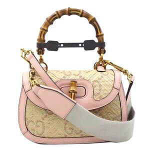 Gucci Raffia Dollar Calfskin GG Bamboo 1947 Top Handle Bag pink leather